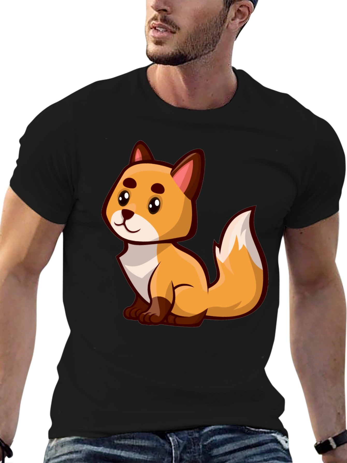 Cartoon Fox Graphic Tee - Black Crew Neck