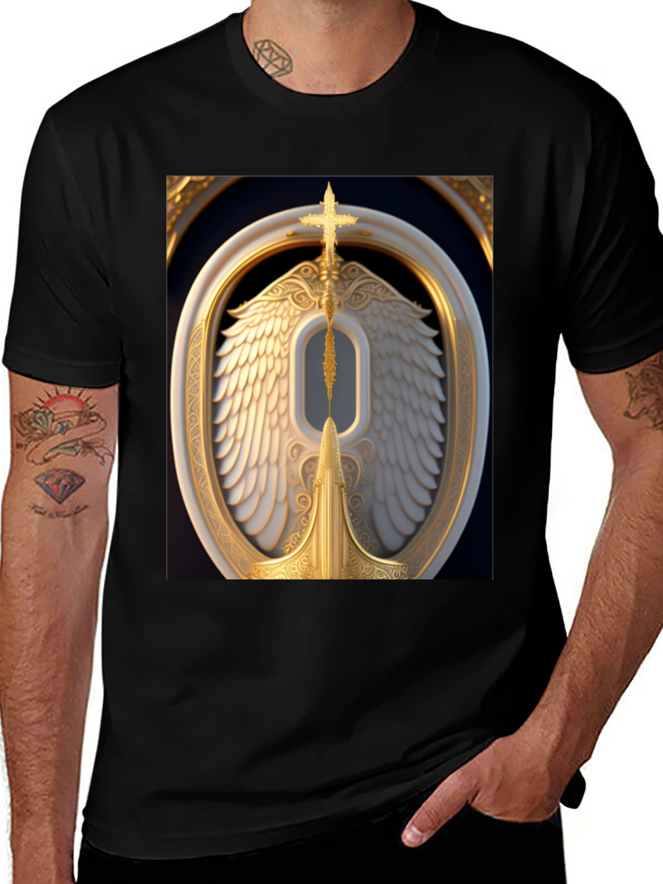 Winged Cross Graphic Tee - Stylish Black T-Shirt