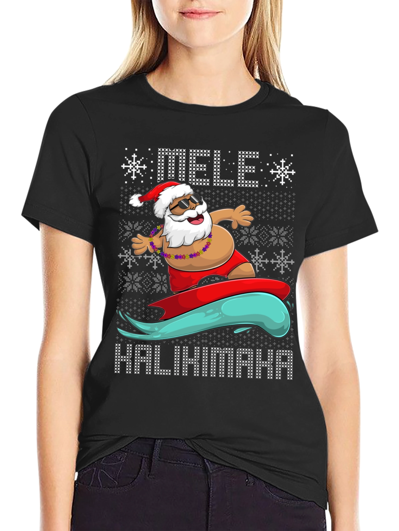 Surfing Santa Mele Kalikimaka Holiday Tee