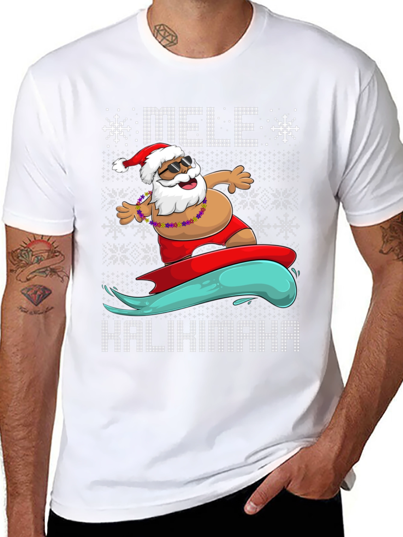 Surfing Santa Mele Kalikimaka Holiday Tee