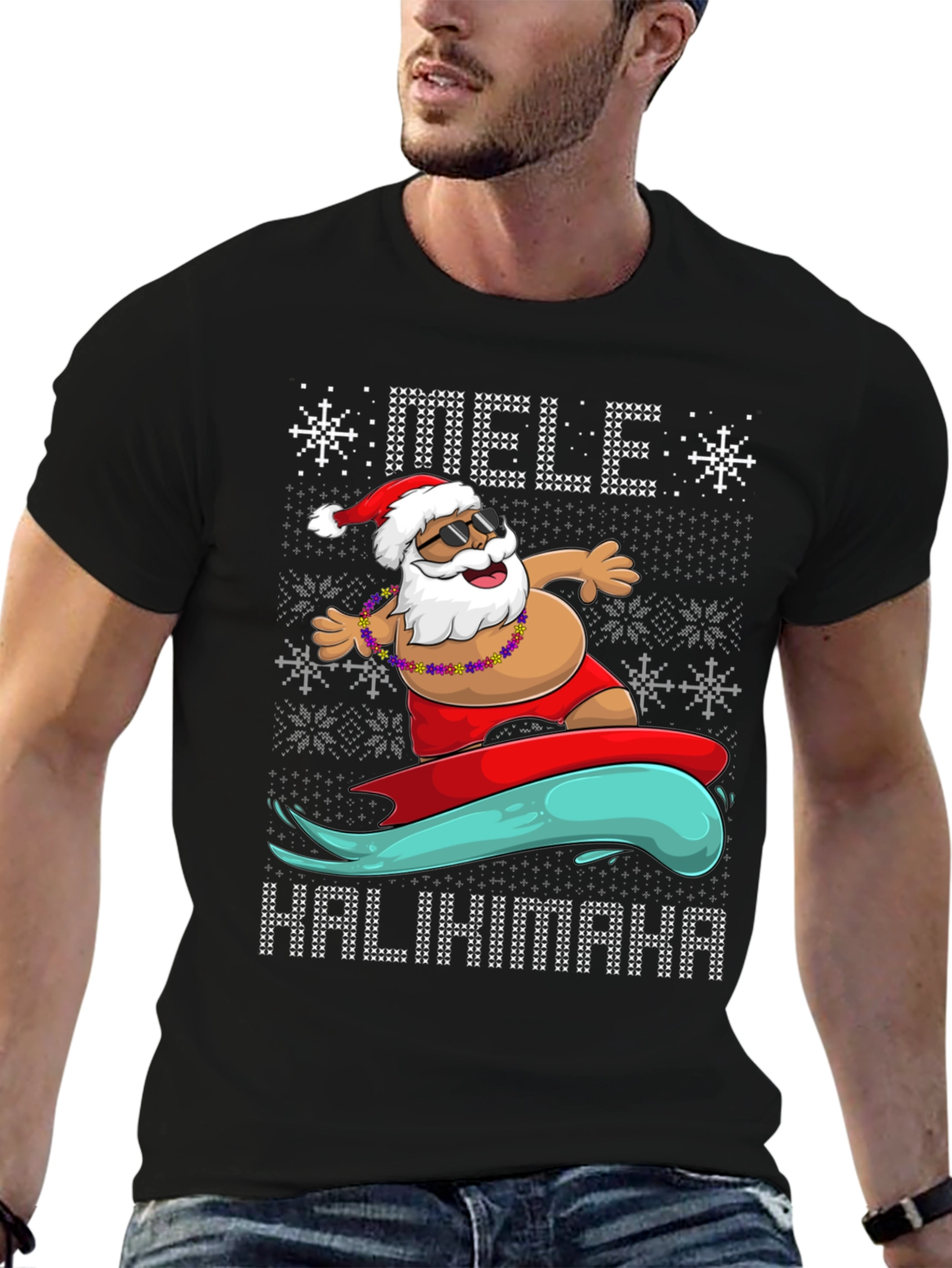 Surfing Santa Mele Kalikimaka Holiday Tee