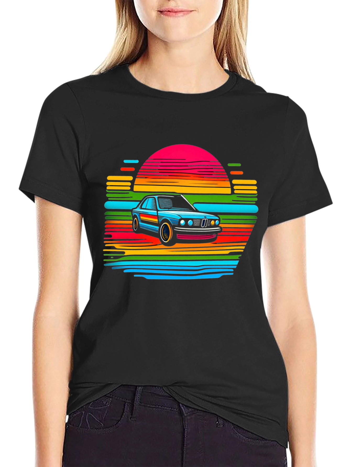 Retro Car Sunset T-Shirt - Black