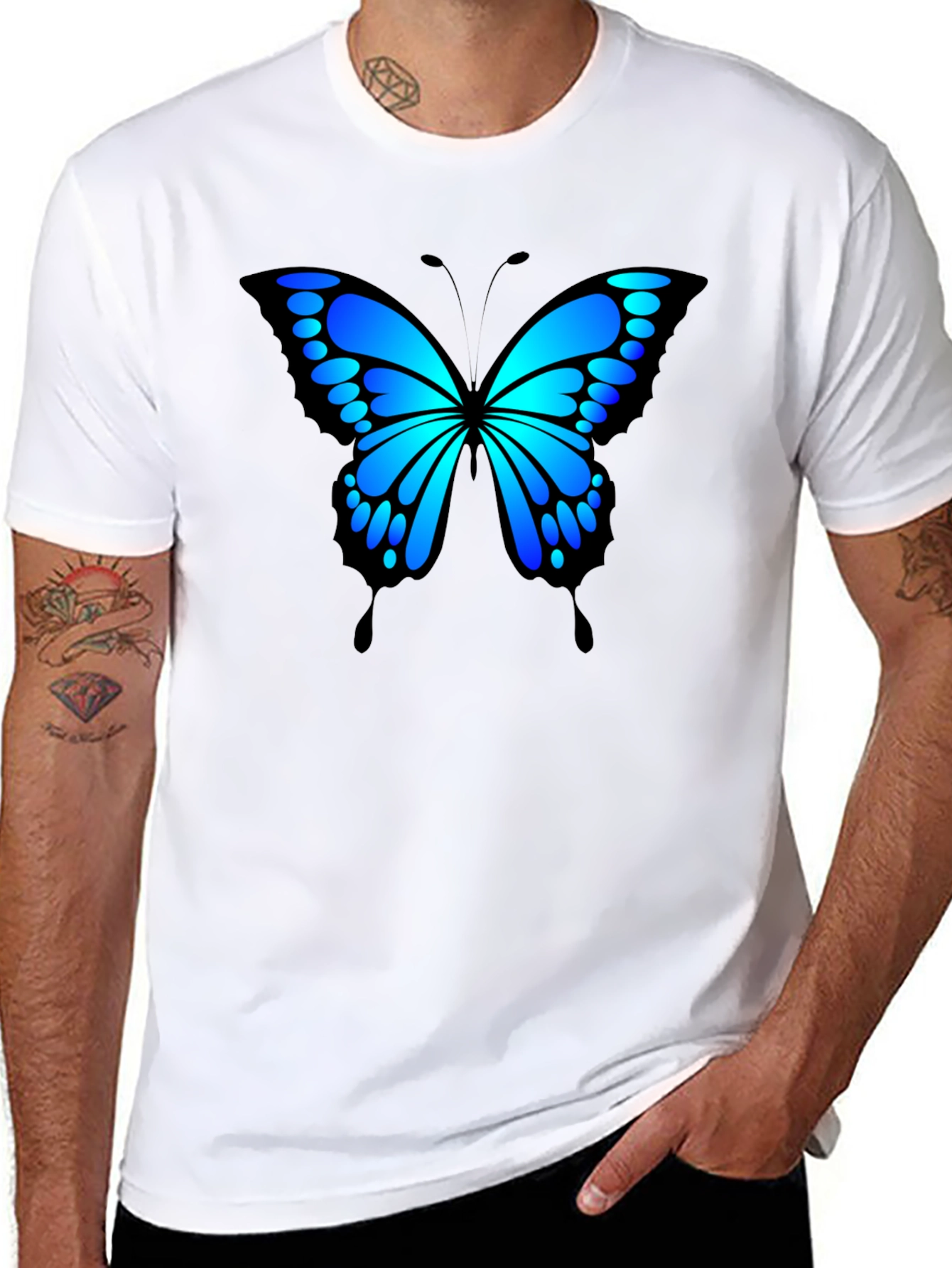 Blue Butterfly Graphic Black T-Shirt