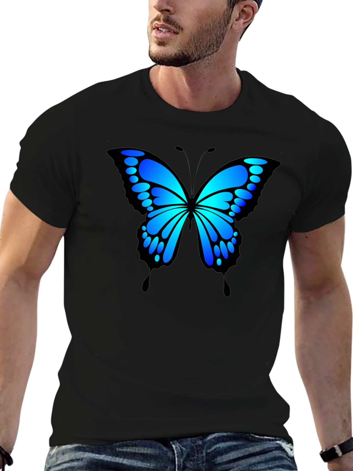 Blue Butterfly Graphic Black T-Shirt