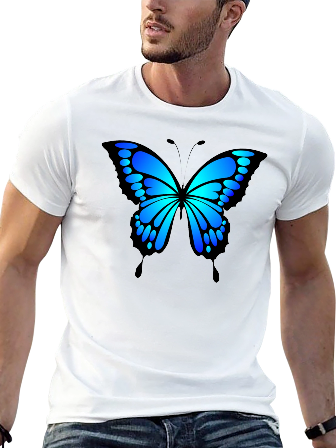 Blue Butterfly Graphic Black T-Shirt