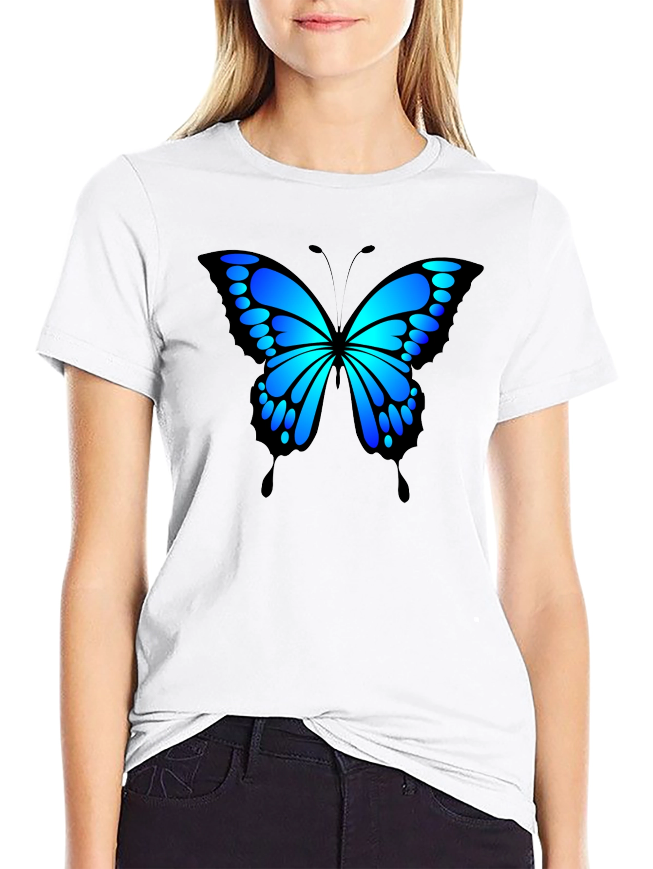 Blue Butterfly Graphic Black T-Shirt
