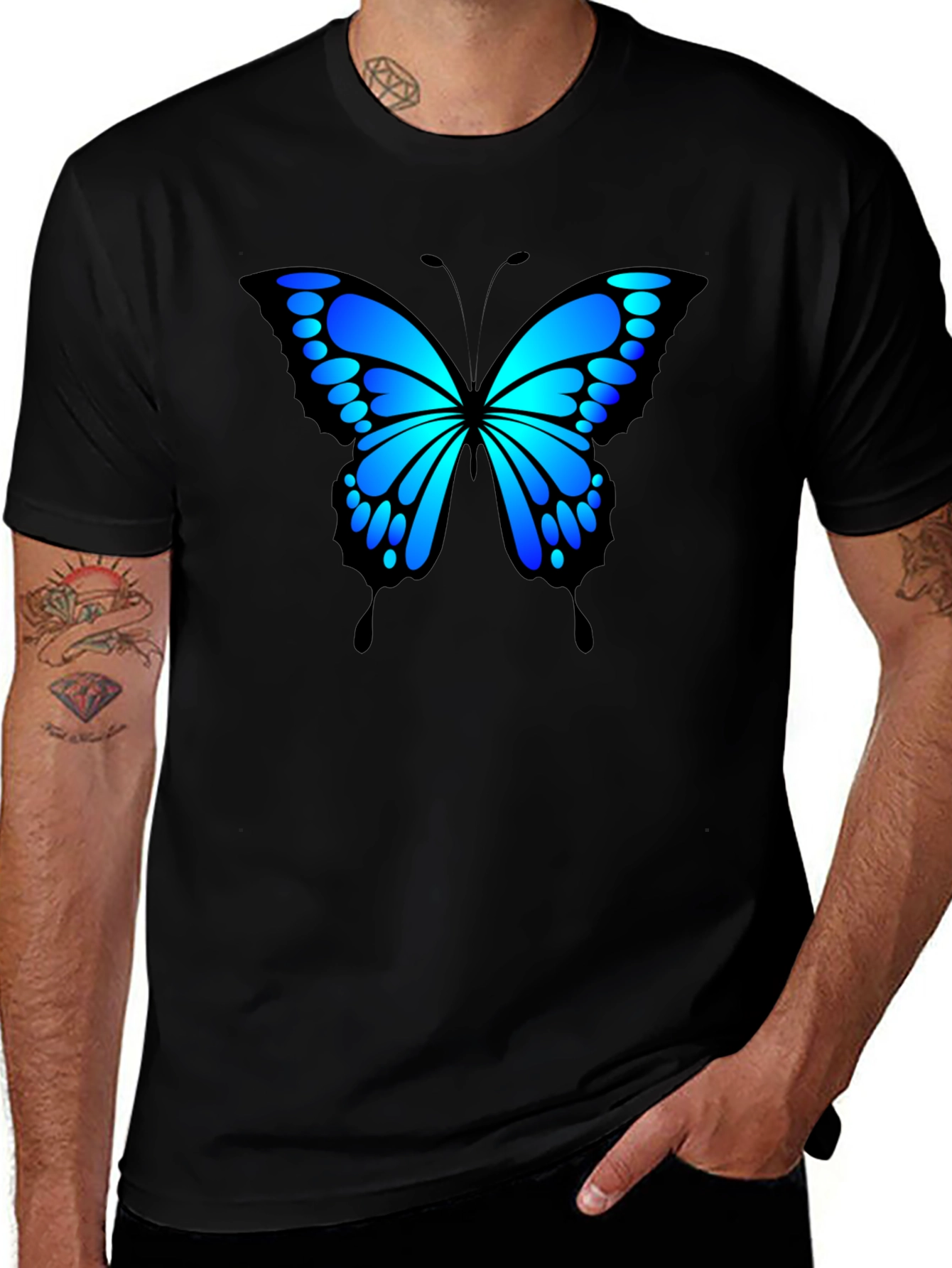 Blue Butterfly Graphic Black T-Shirt