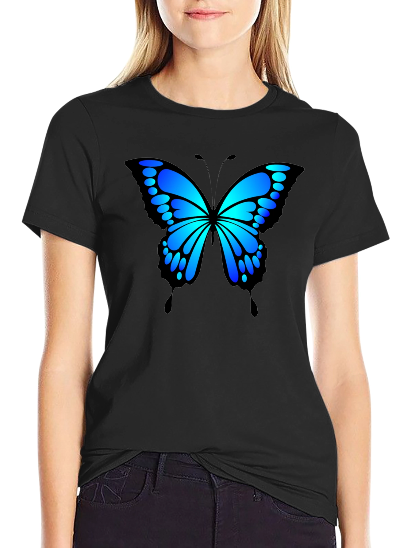 Blue Butterfly Graphic Black T-Shirt