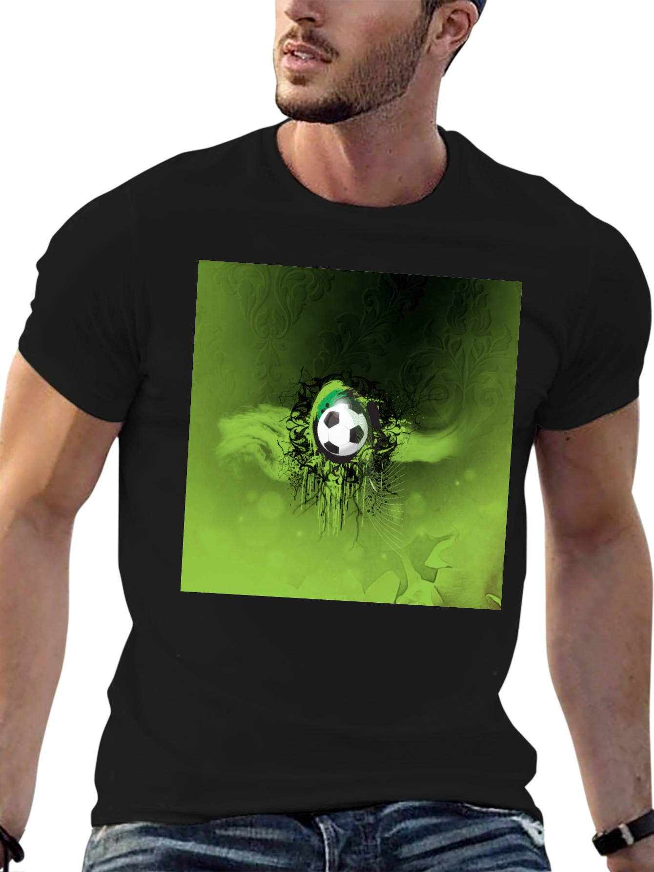 Green Soccer Ball Graphic Black T-Shirt