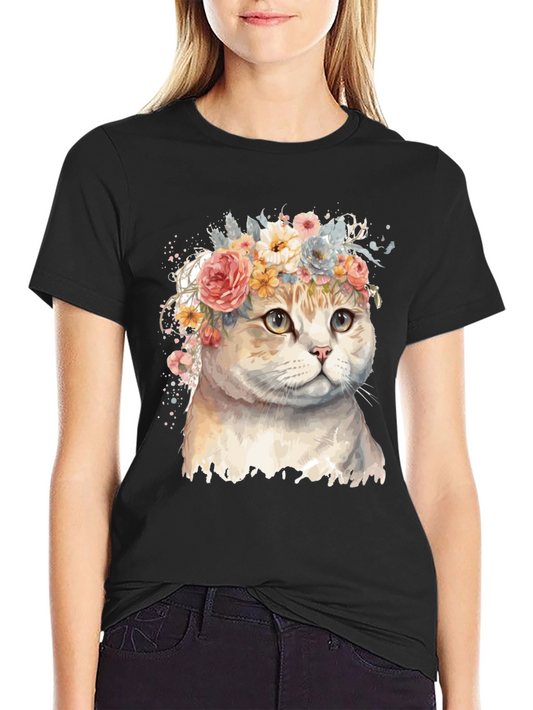 Floral Cat T-Shirt - Unique Watercolor Design