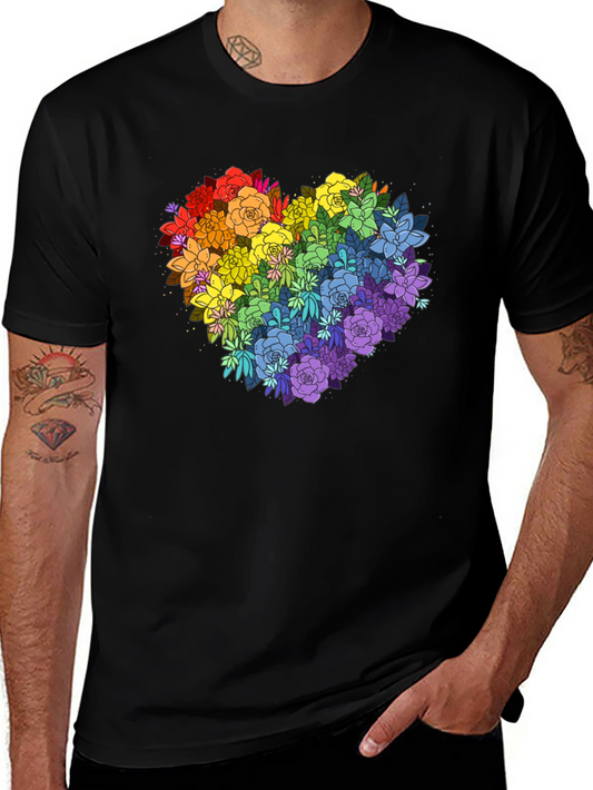 Rainbow Floral Heart Graphic Tee - Black