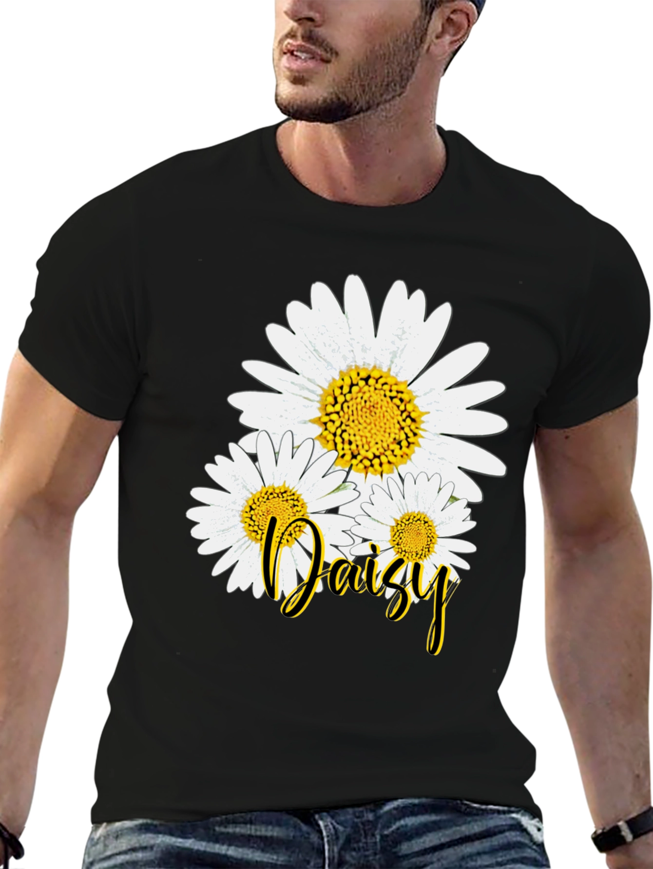 Daisy Flower Graphic Print Black T-Shirt