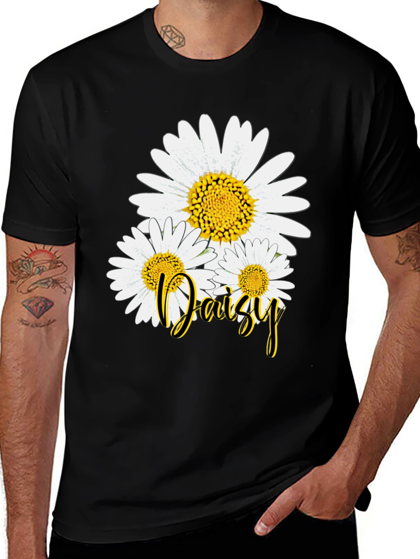 Daisy Flower Graphic Print Black T-Shirt