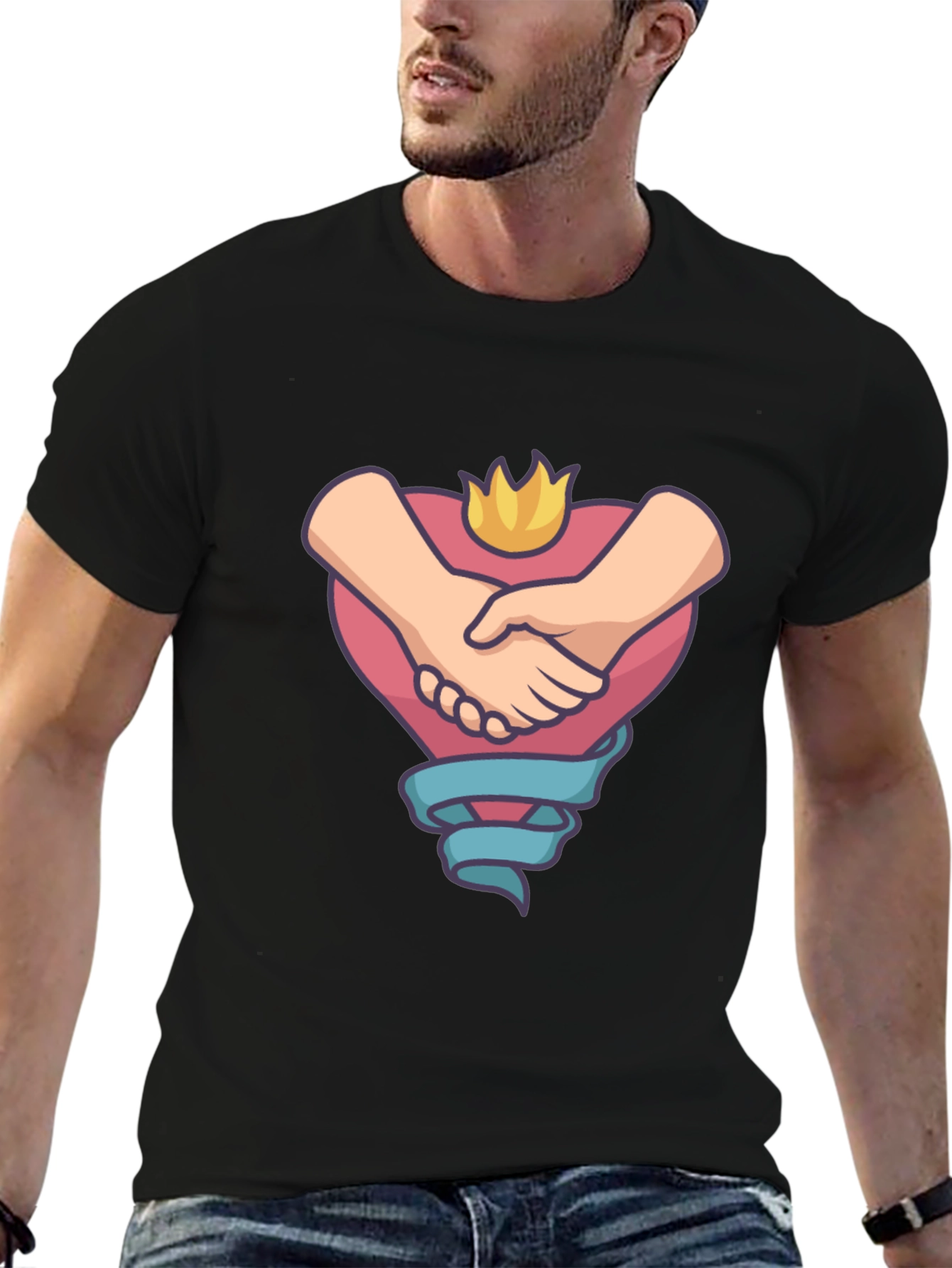 Heartfelt Handshake Graphic Tee - Black Casual Shirt