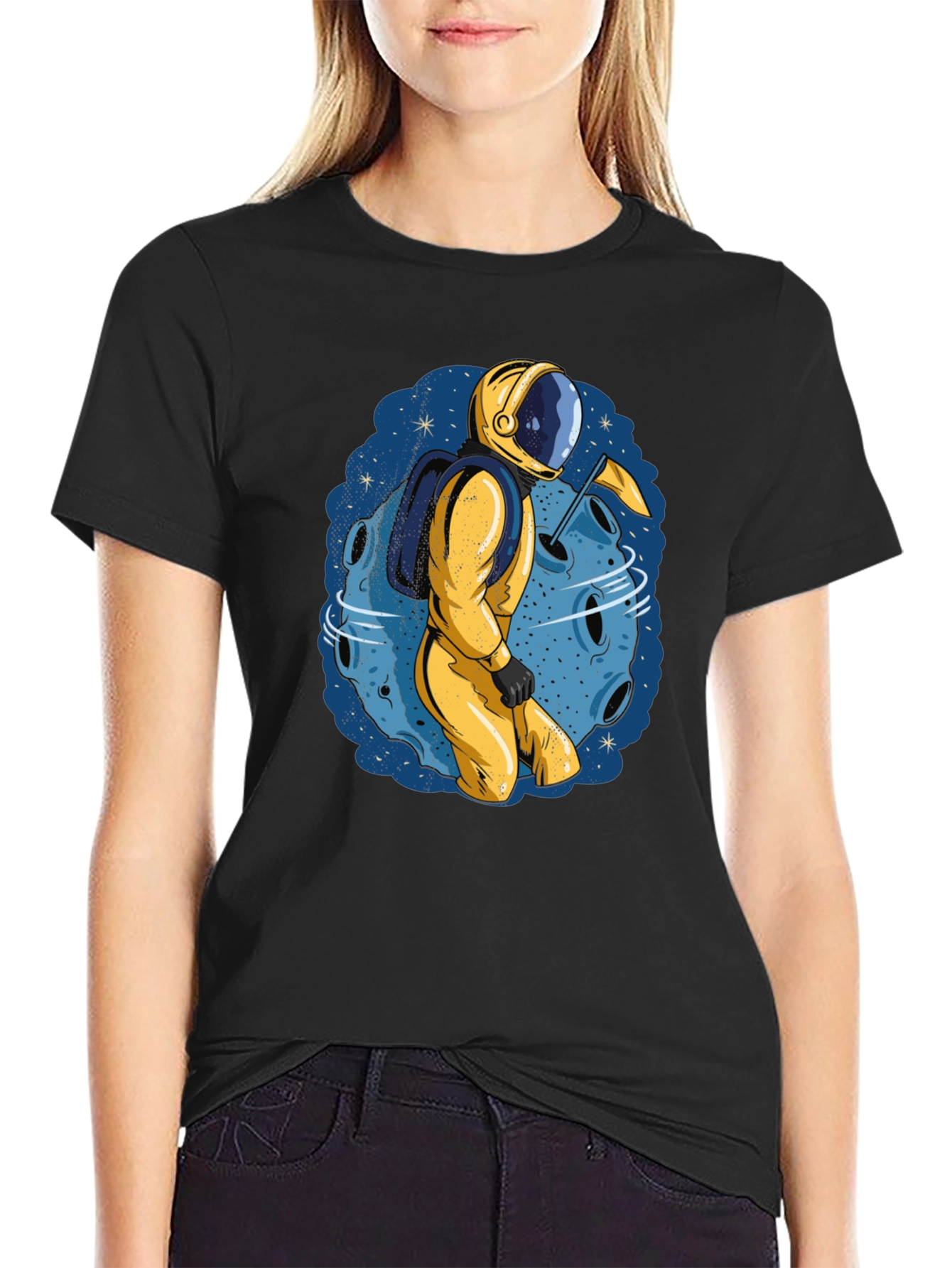 Astronaut Moon Graphic Tee - Black Cotton T-Shirt