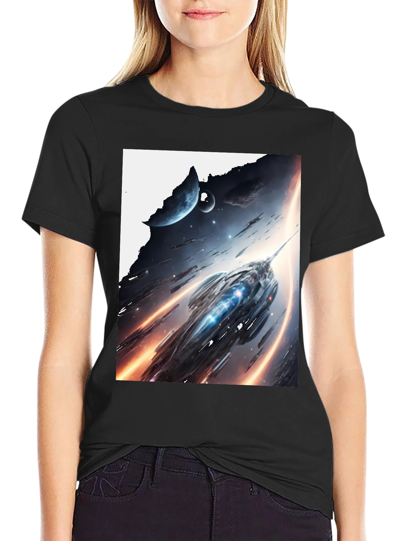 Sci-Fi Spaceship Graphic Tee - Premium Black Cotton