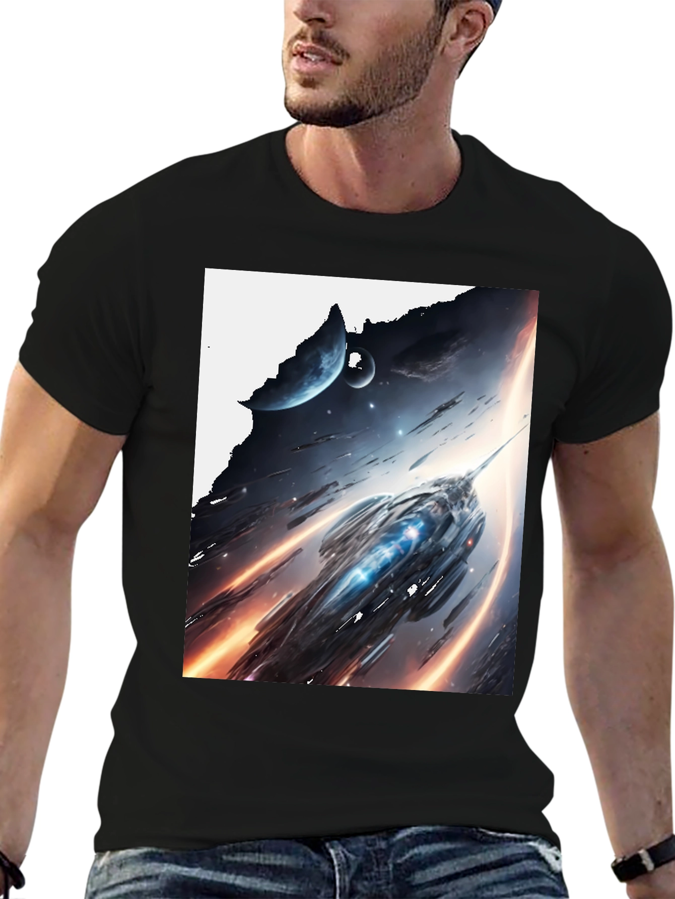 Sci-Fi Spaceship Graphic Tee - Premium Black Cotton