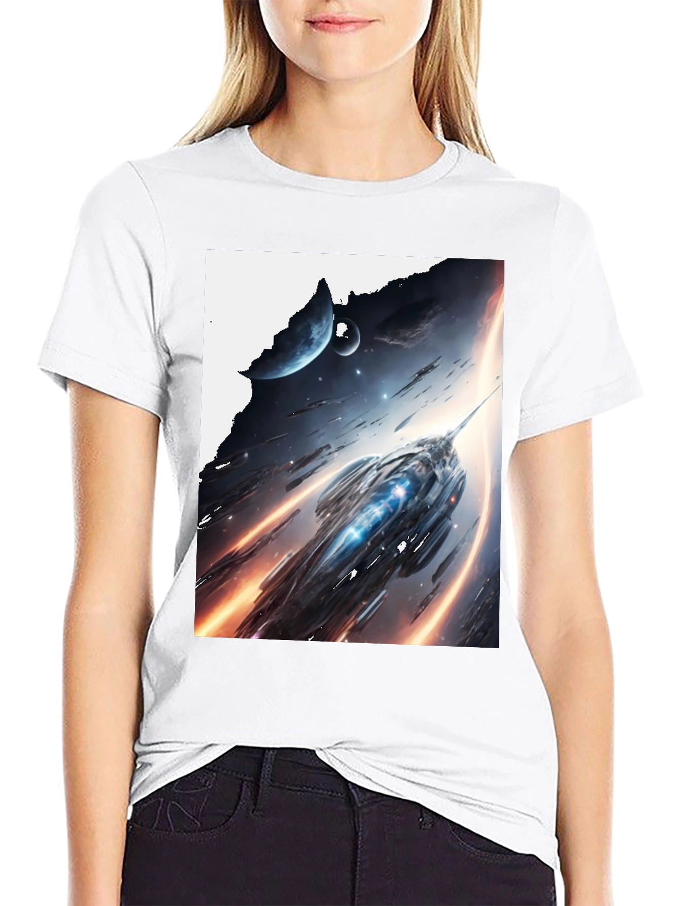 Sci-Fi Spaceship Graphic Tee - Premium Black Cotton