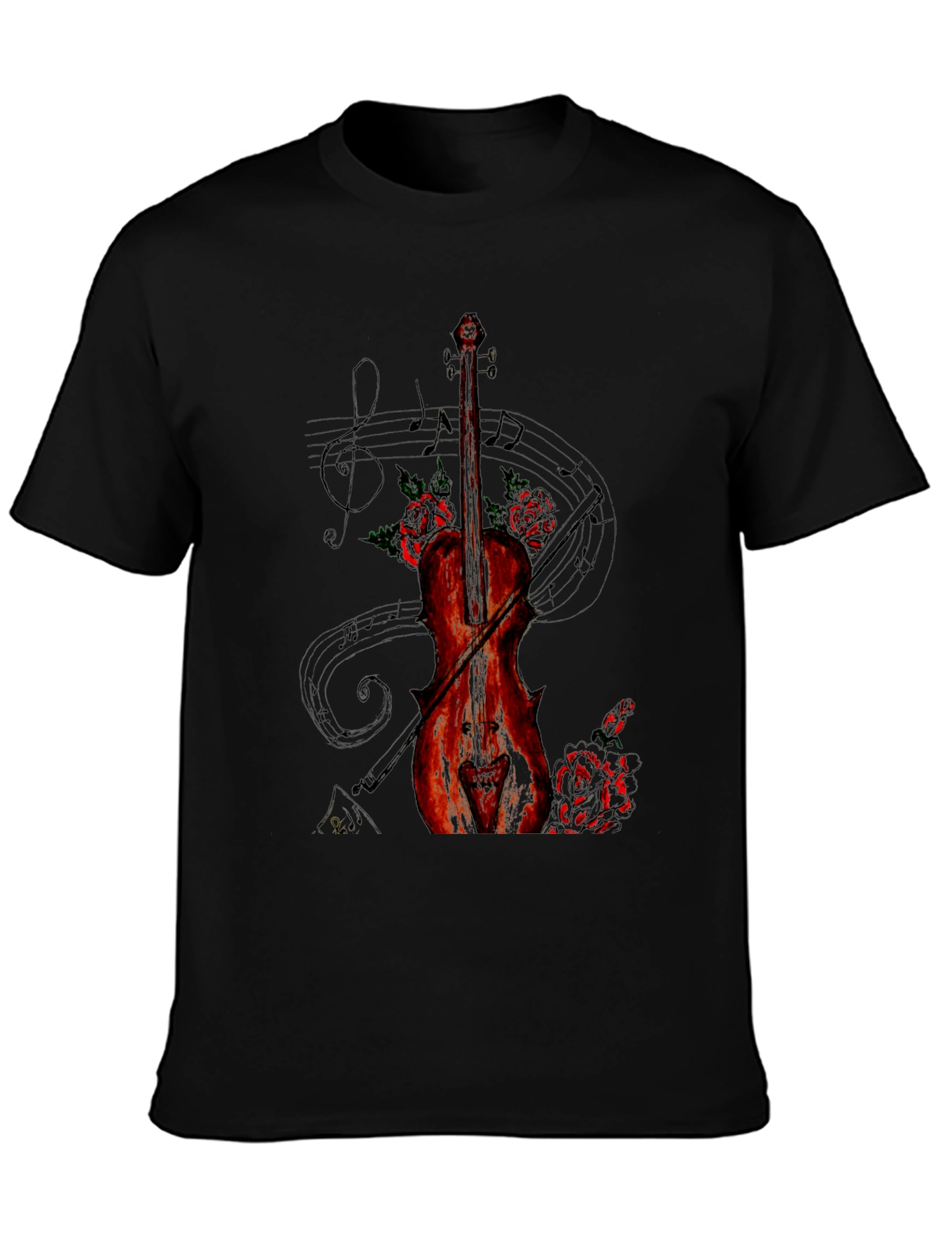 Violin & Roses Graphic Print Black T-Shirt