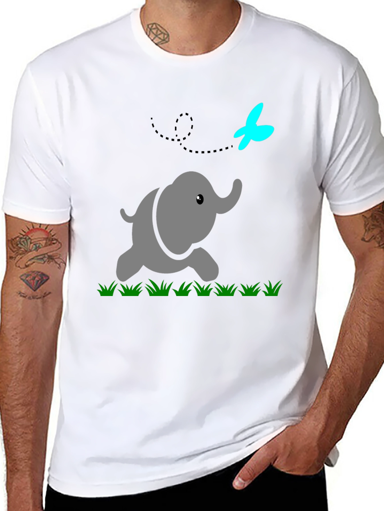 Cute Elephant & Butterfly Graphic Black T-Shirt