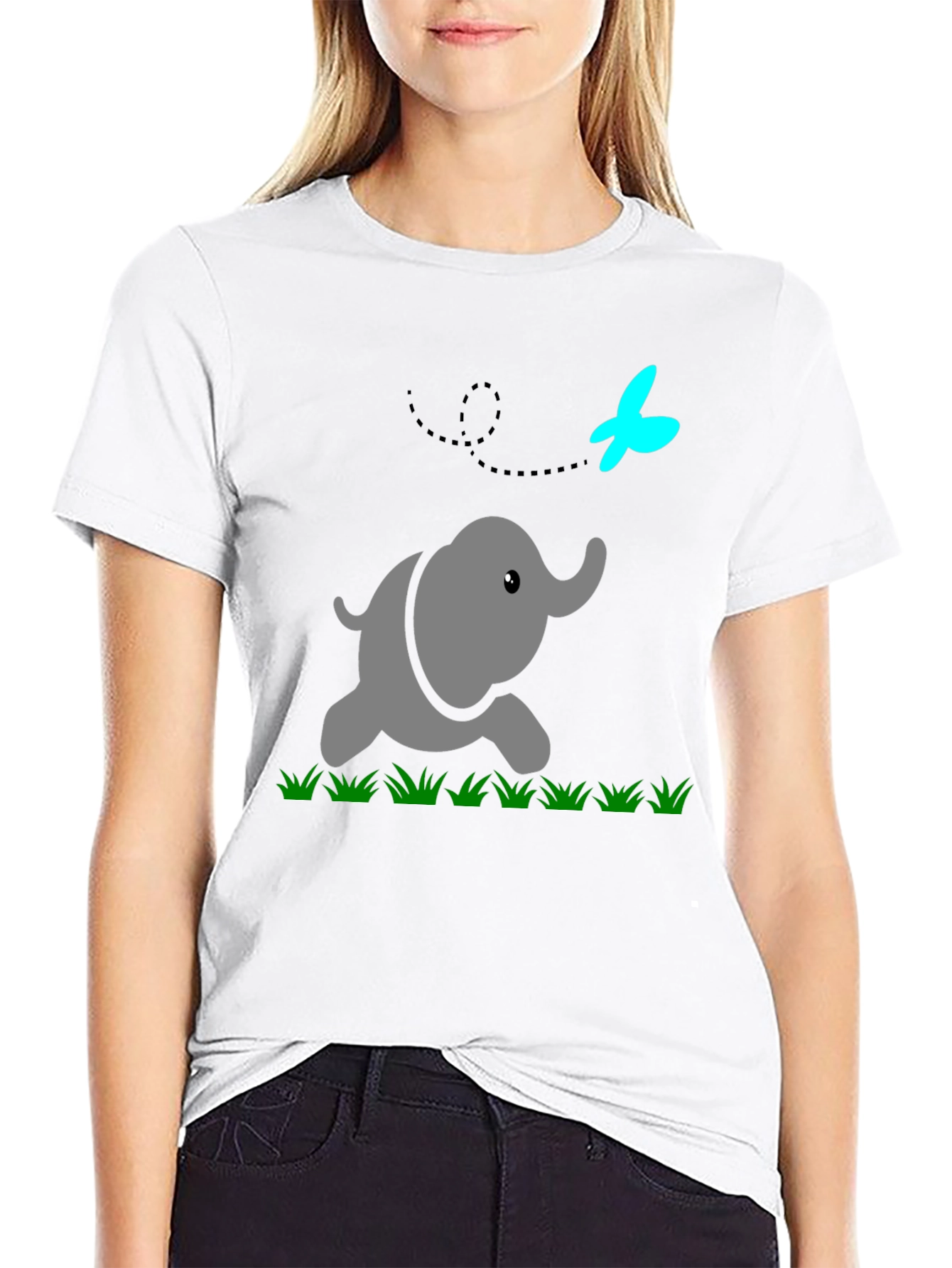 Cute Elephant & Butterfly Graphic Black T-Shirt