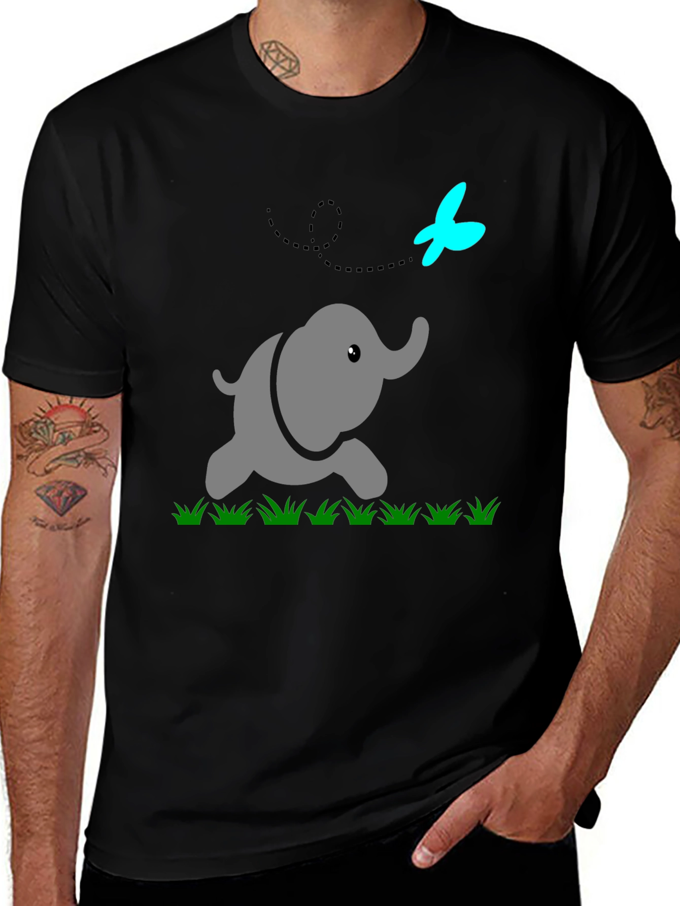 Cute Elephant & Butterfly Graphic Black T-Shirt