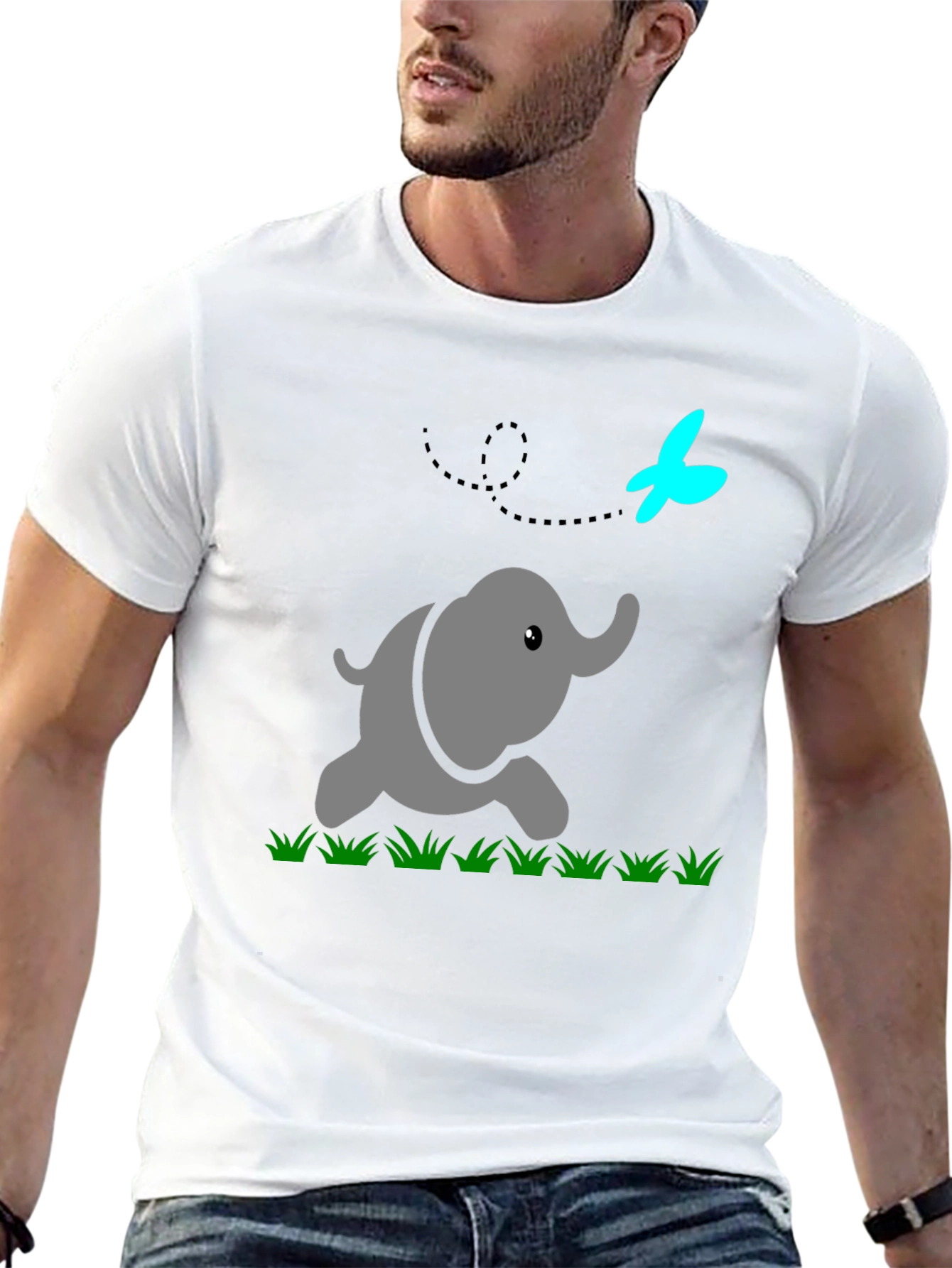 Cute Elephant & Butterfly Graphic Black T-Shirt