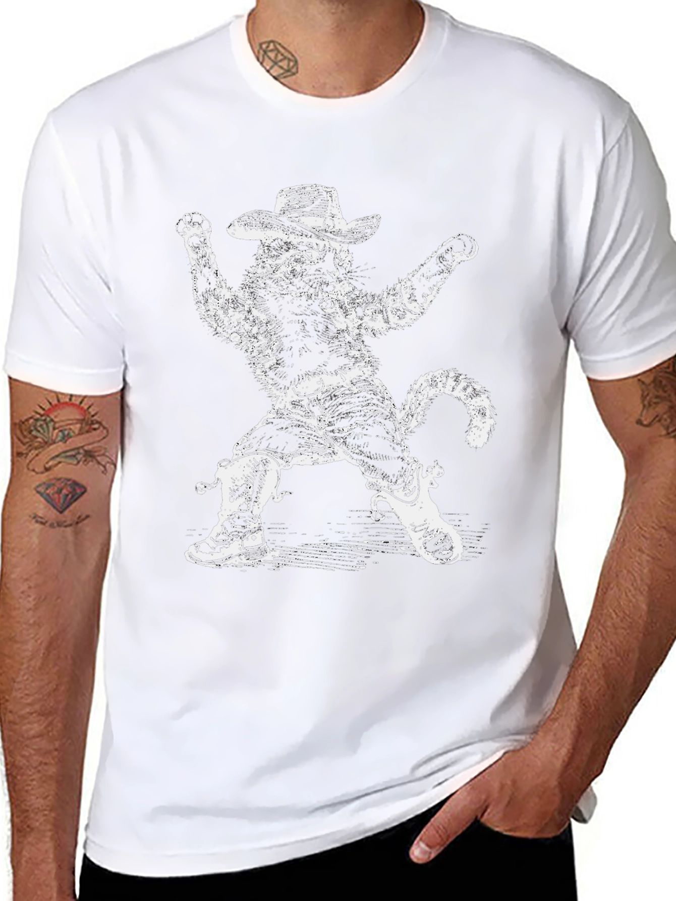 Funny Cowboy Cat Black T-Shirt