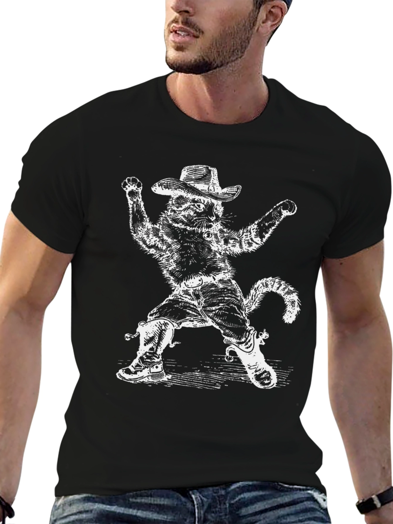 Funny Cowboy Cat Black T-Shirt