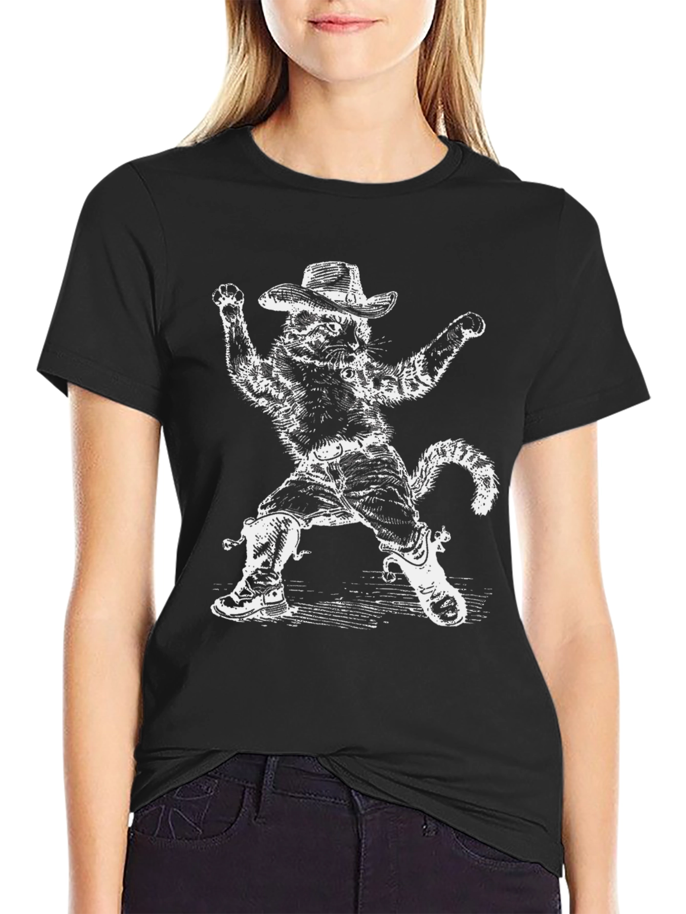 Funny Cowboy Cat Black T-Shirt