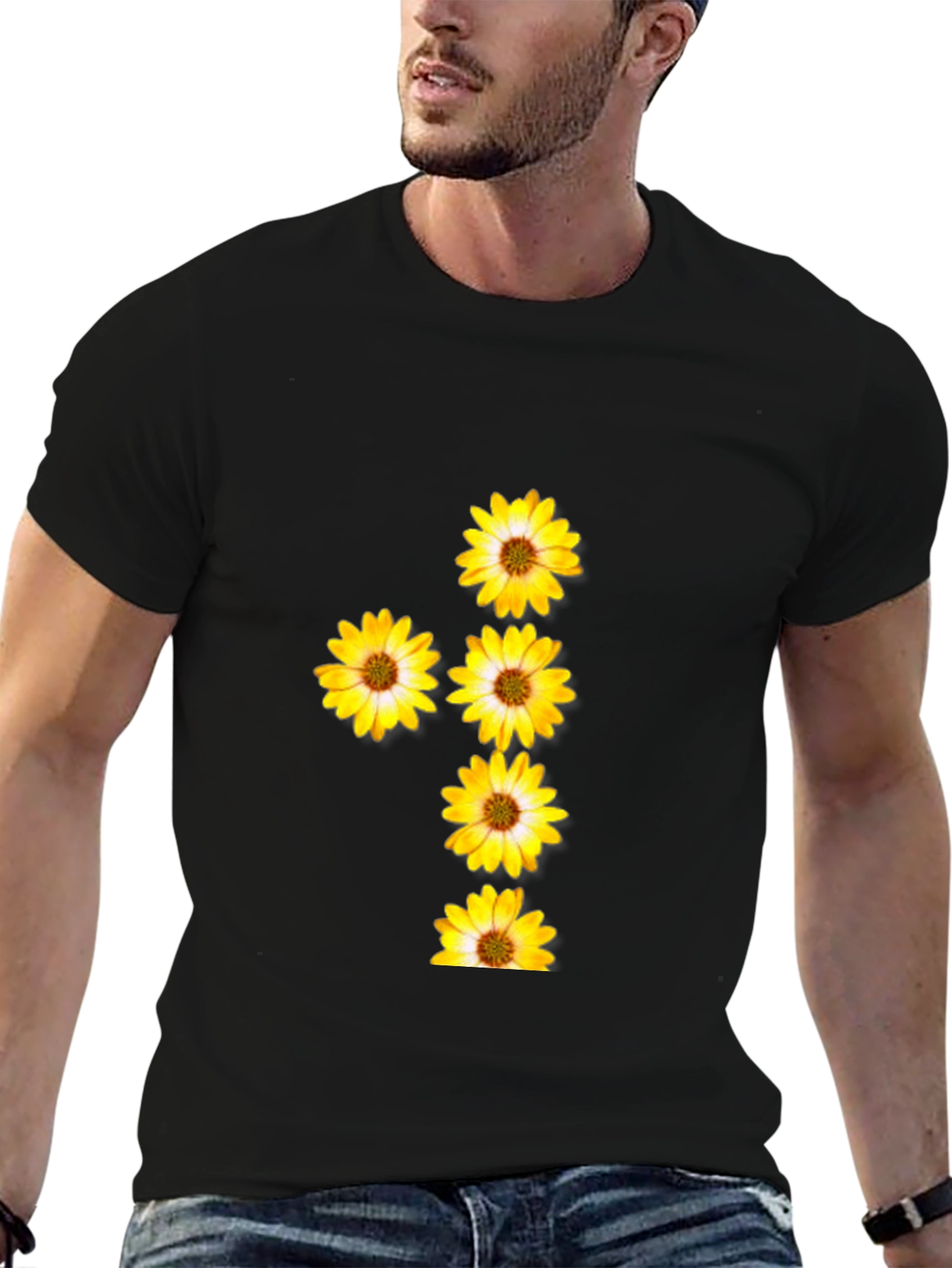 Black T-Shirt with Floral Daisy Design