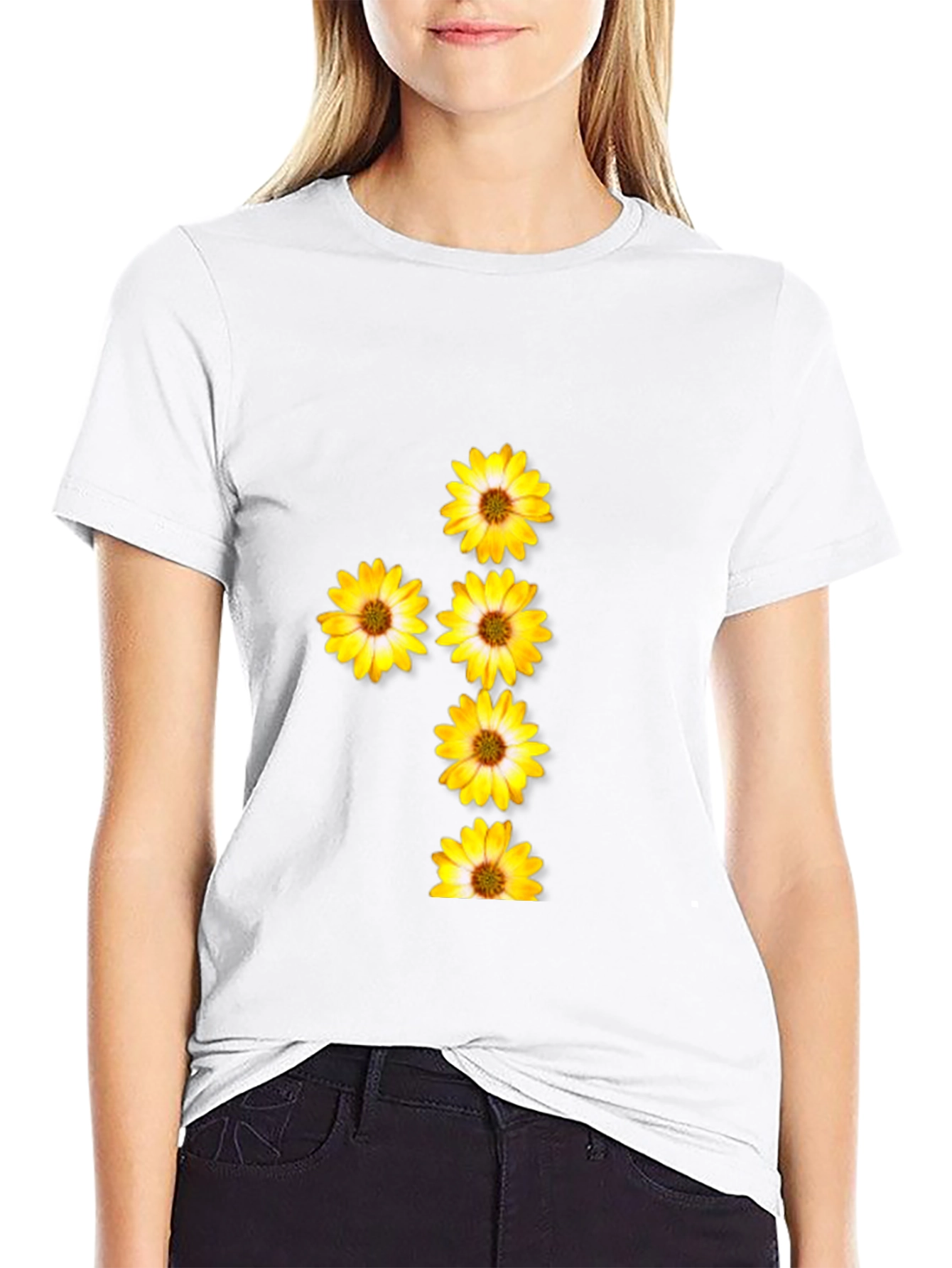 Black T-Shirt with Floral Daisy Design