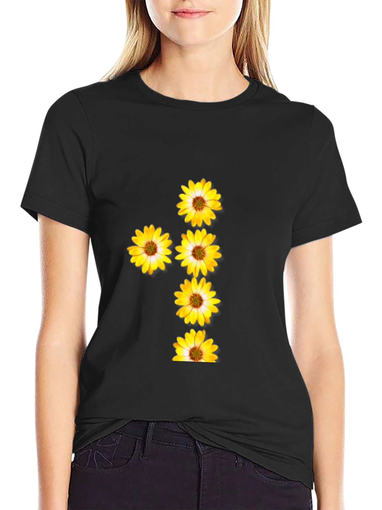 Black T-Shirt with Floral Daisy Design