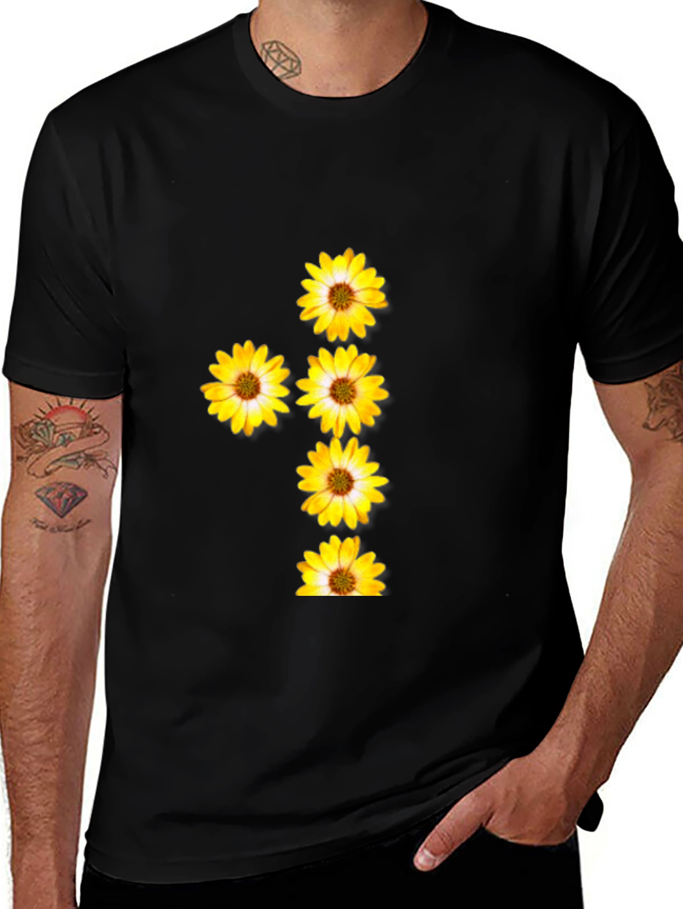 Black T-Shirt with Floral Daisy Design