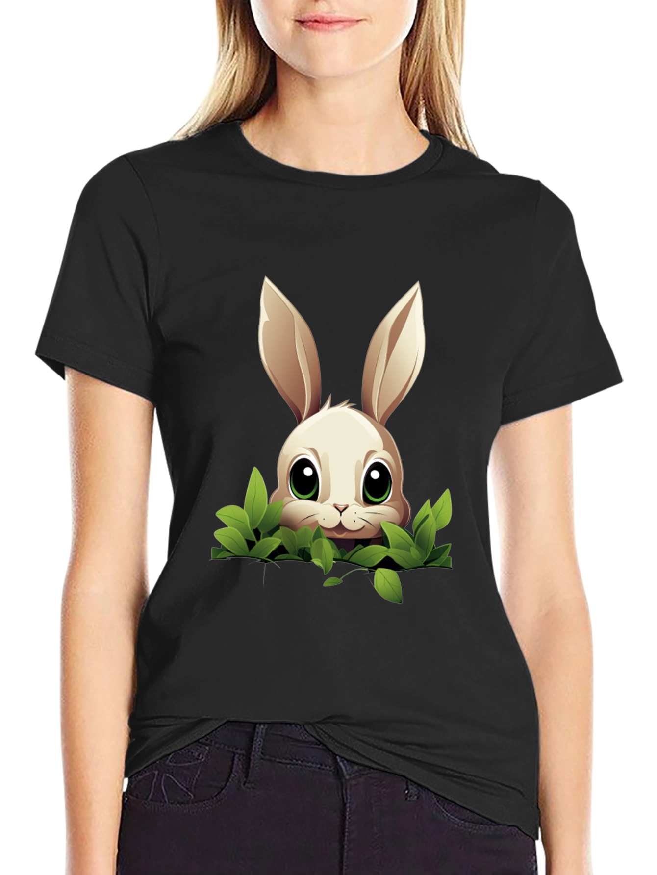 Bunny in Bushes Black T-Shirt