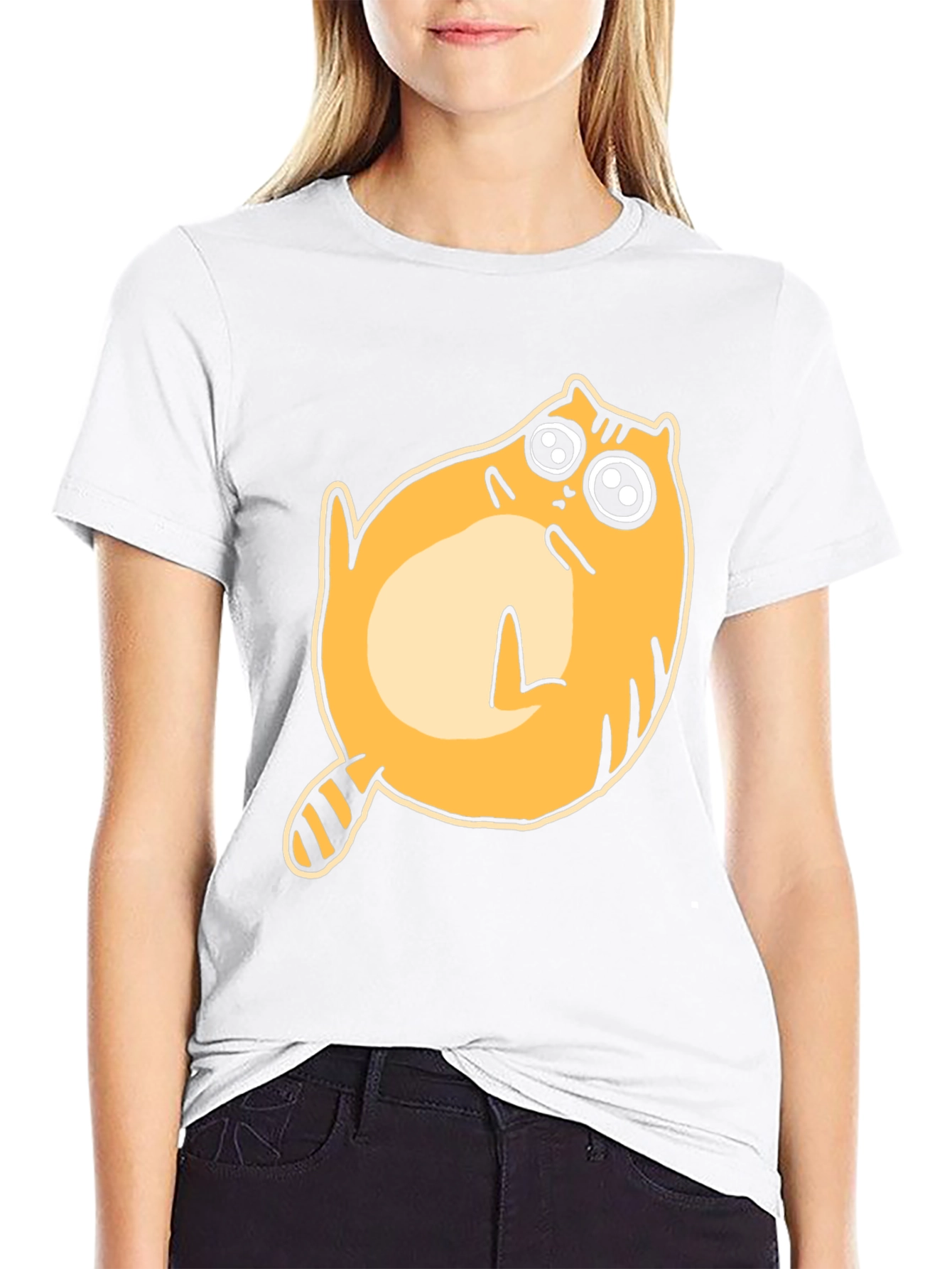 Cartoon Cat Graphic T-Shirt - Black Crew Neck Tee