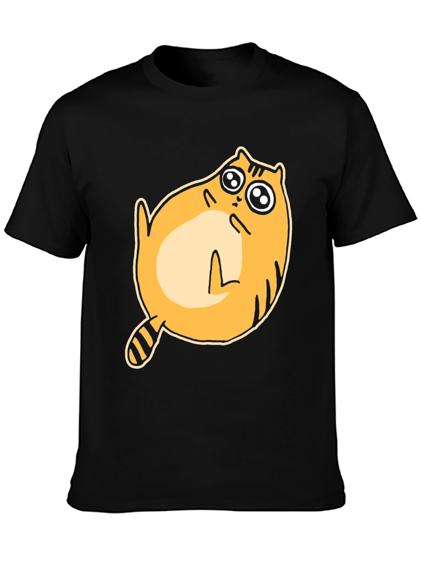 Cartoon Cat Graphic T-Shirt - Black Crew Neck Tee
