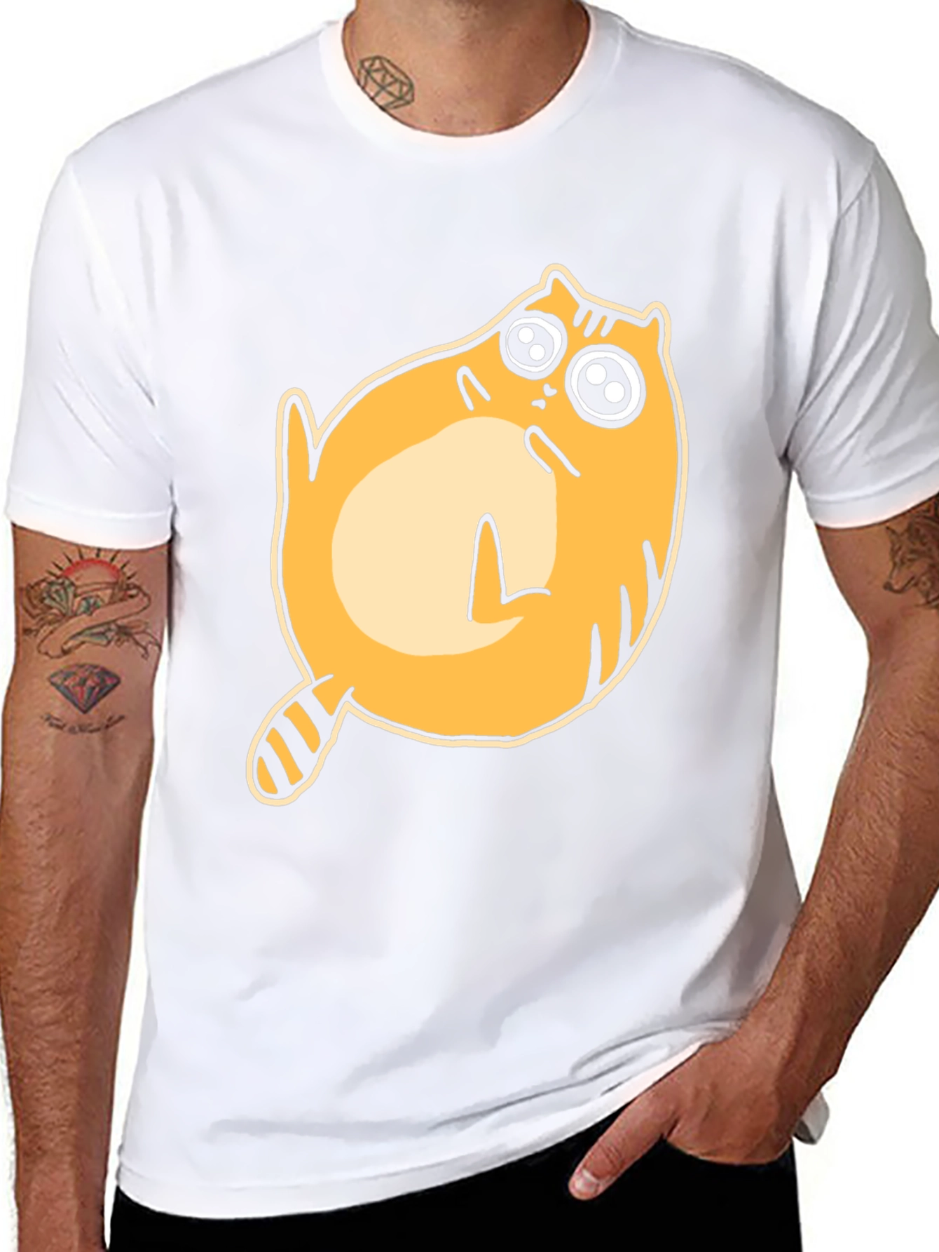 Cartoon Cat Graphic T-Shirt - Black Crew Neck Tee