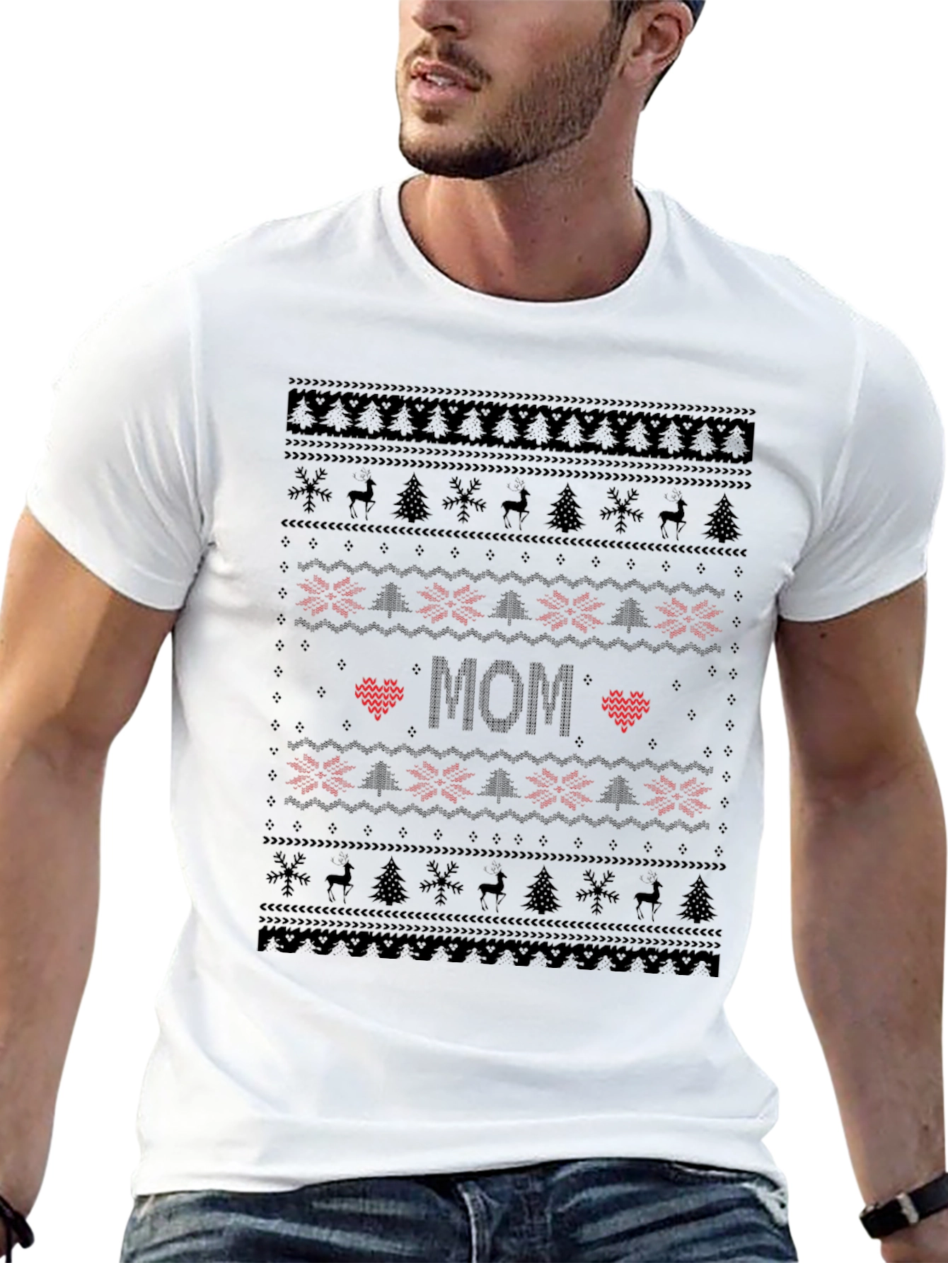 Mom Ugly Christmas Sweater Style Black T-Shirt