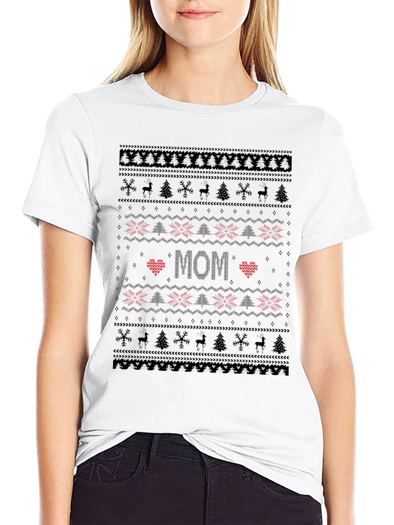 Mom Ugly Christmas Sweater Style Black T-Shirt