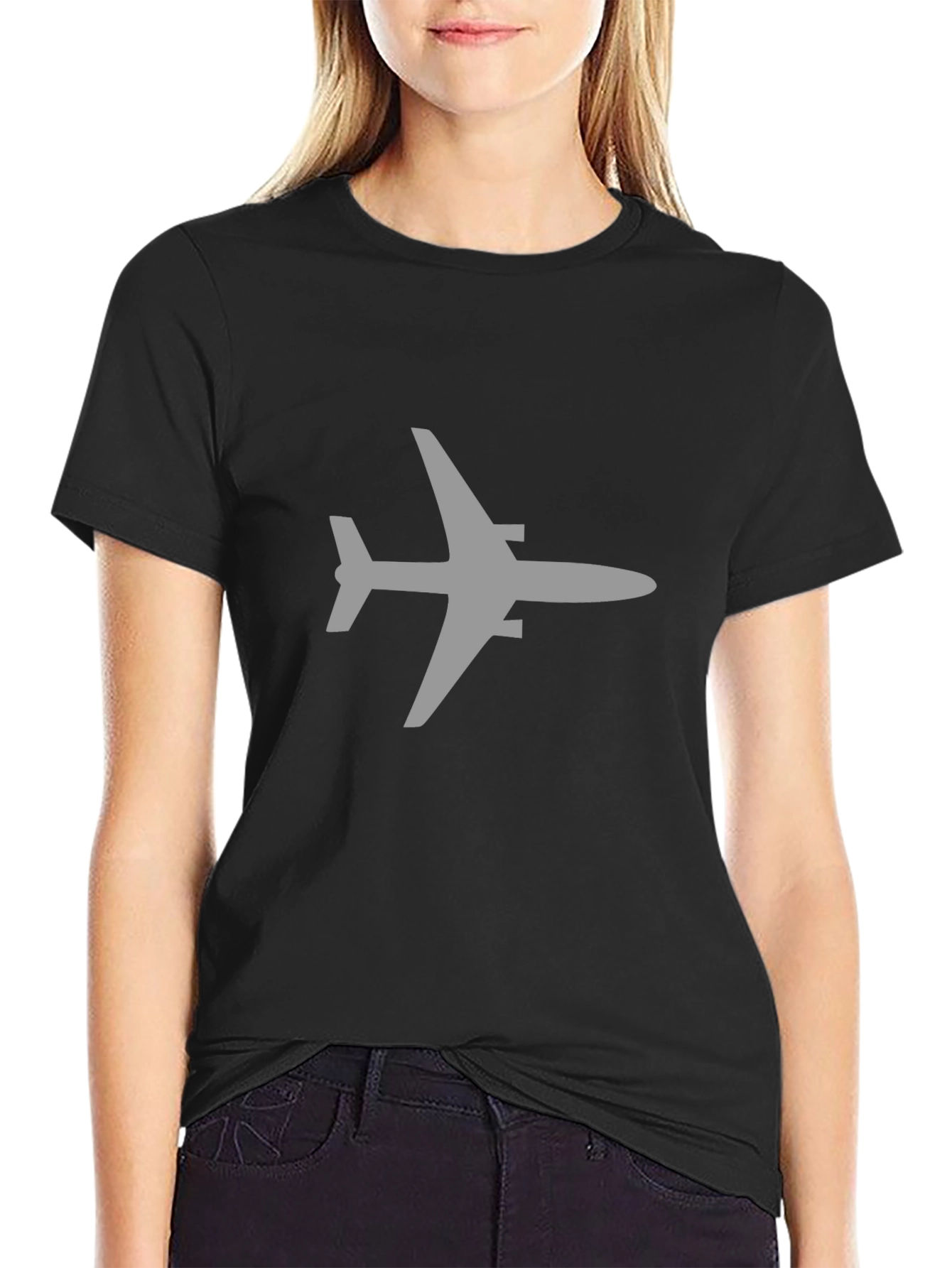 Airplane Graphic Tee - Black Cotton Blend Casual Shirt