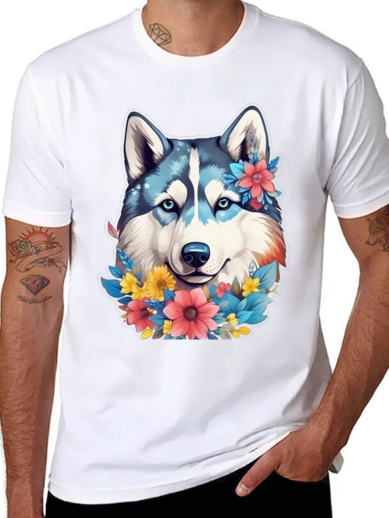 Floral Husky Graphic Tee - Unisex Black T-Shirt