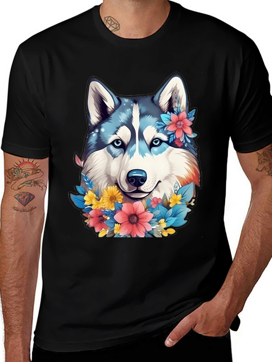 Floral Husky Graphic Tee - Unisex Black T-Shirt