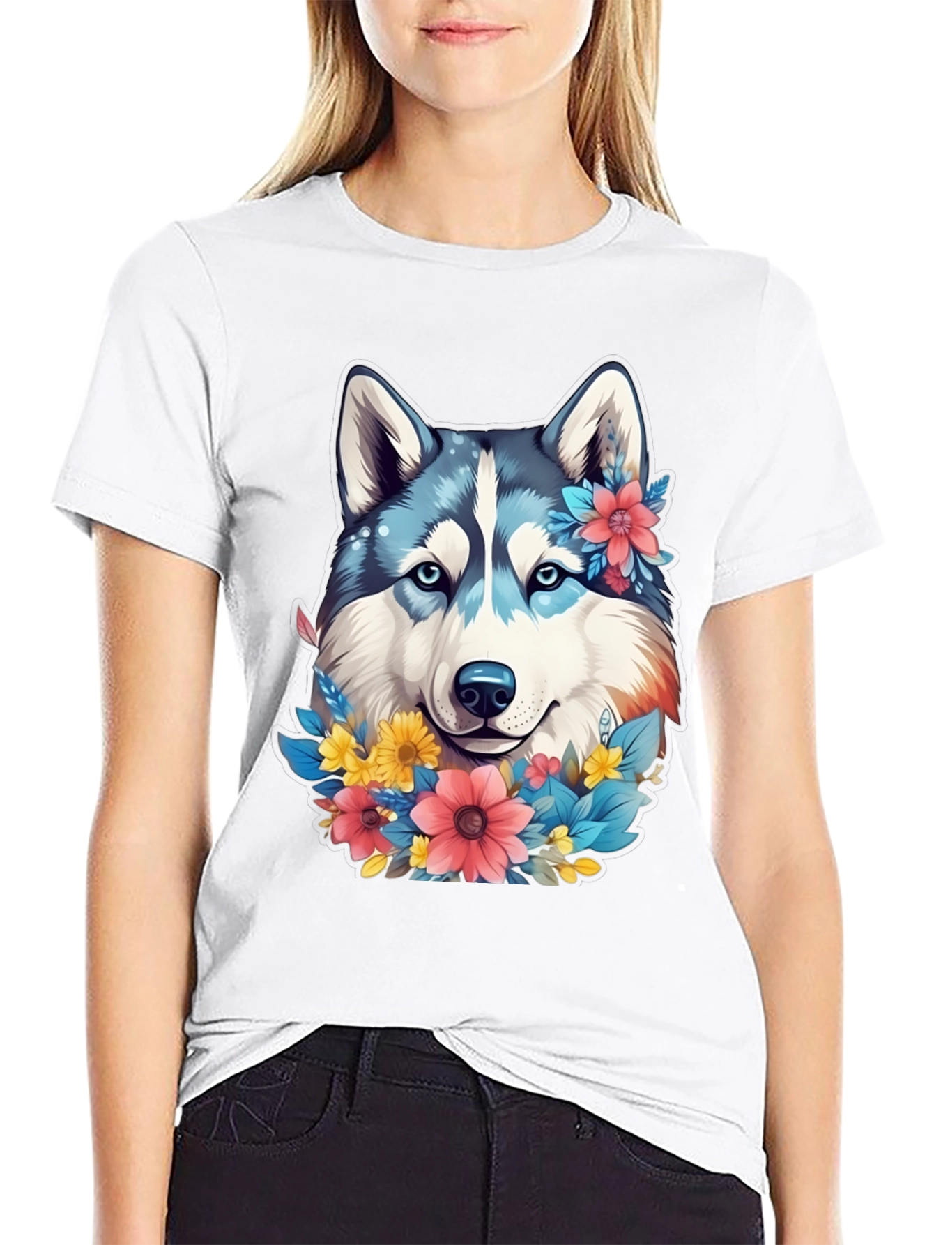 Floral Husky Graphic Tee - Unisex Black T-Shirt