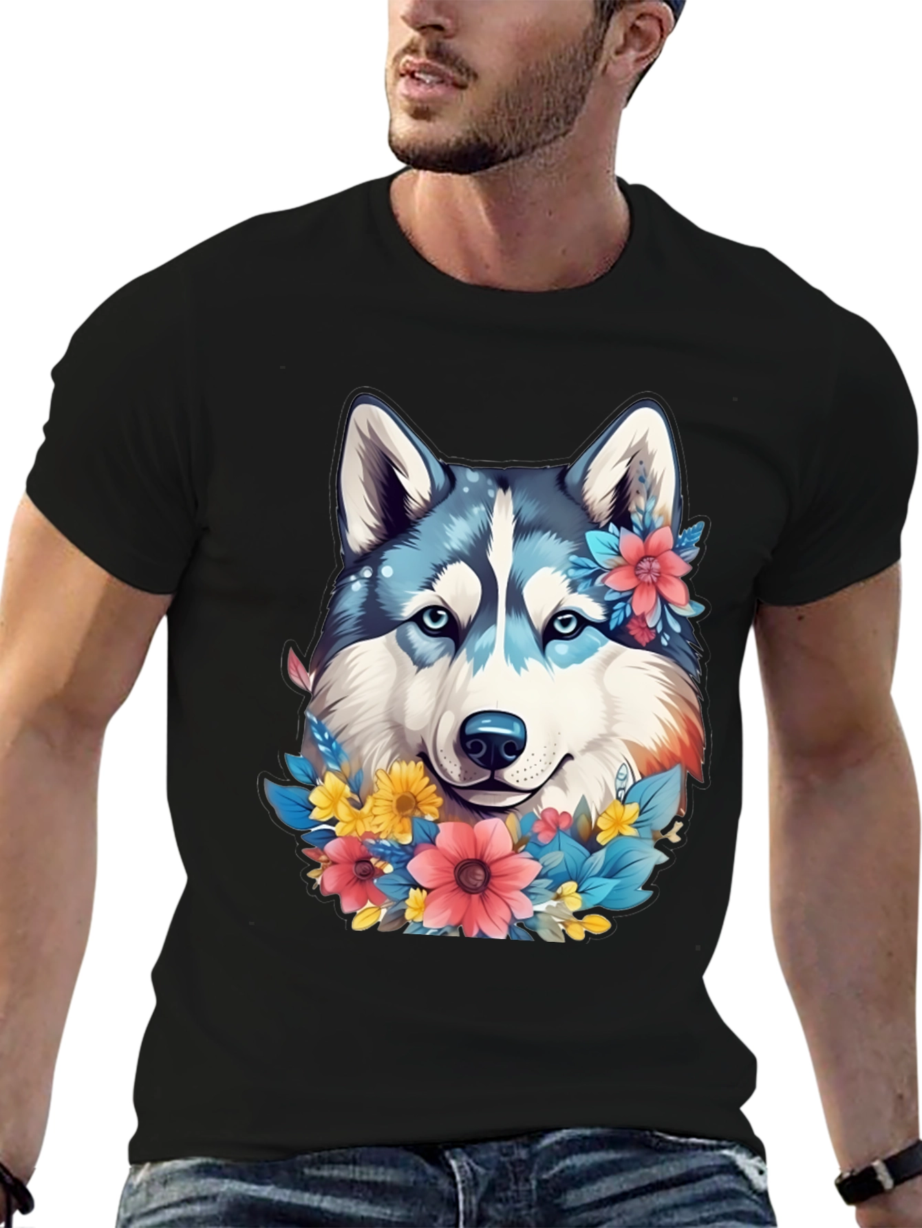 Floral Husky Graphic Tee - Unisex Black T-Shirt