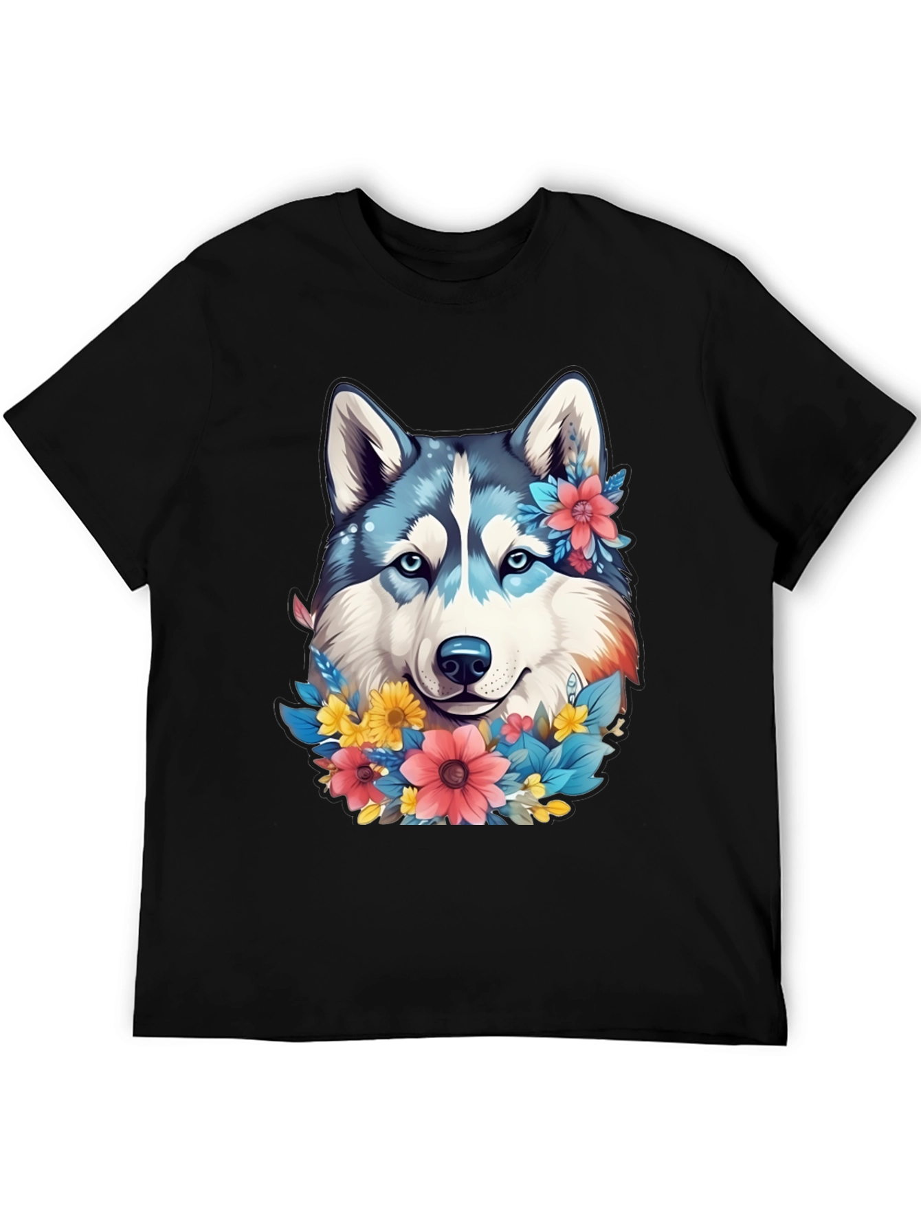 Floral Husky Graphic Tee - Unisex Black T-Shirt
