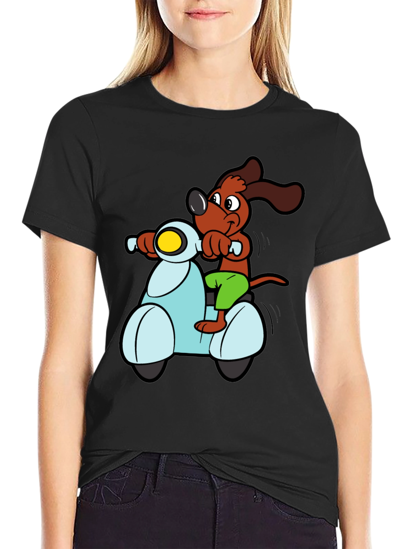 Dog on Scooter Graphic Tee - Black Cotton T-Shirt