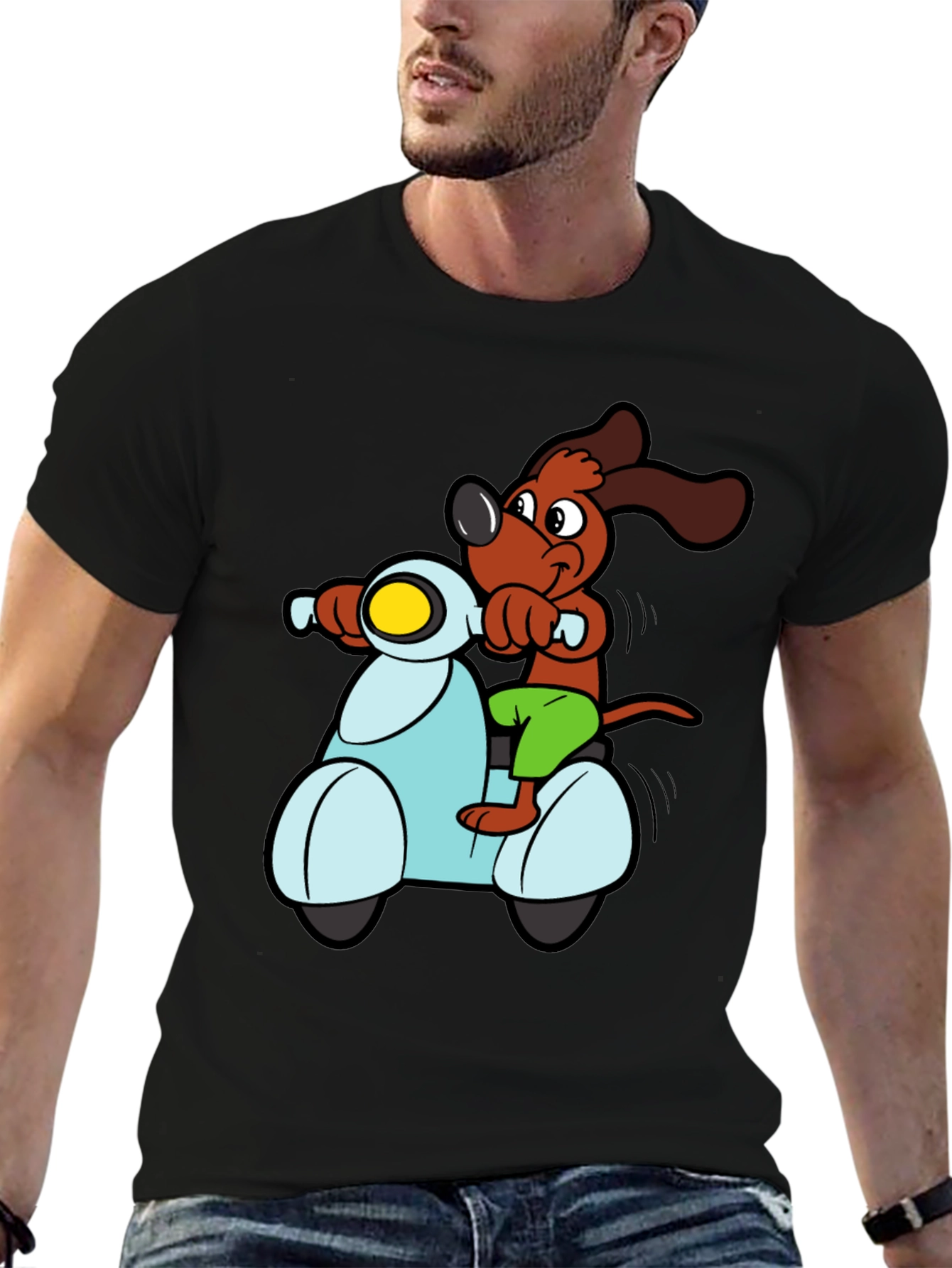 Dog on Scooter Graphic Tee - Black Cotton T-Shirt