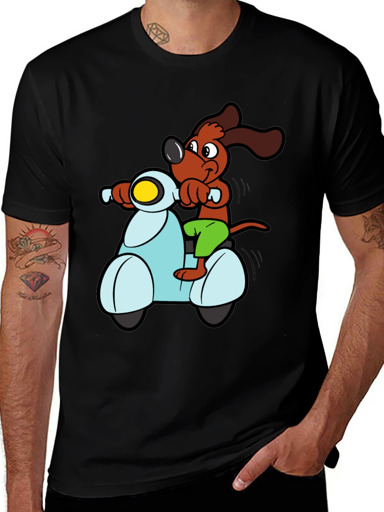 Dog on Scooter Graphic Tee - Black Cotton T-Shirt