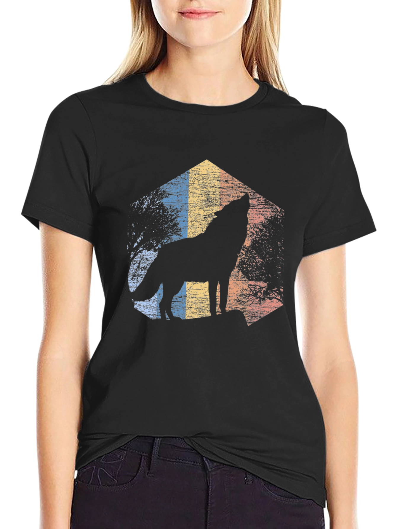 Wolf Howl Retro Graphic Tee - Black Cotton Blend